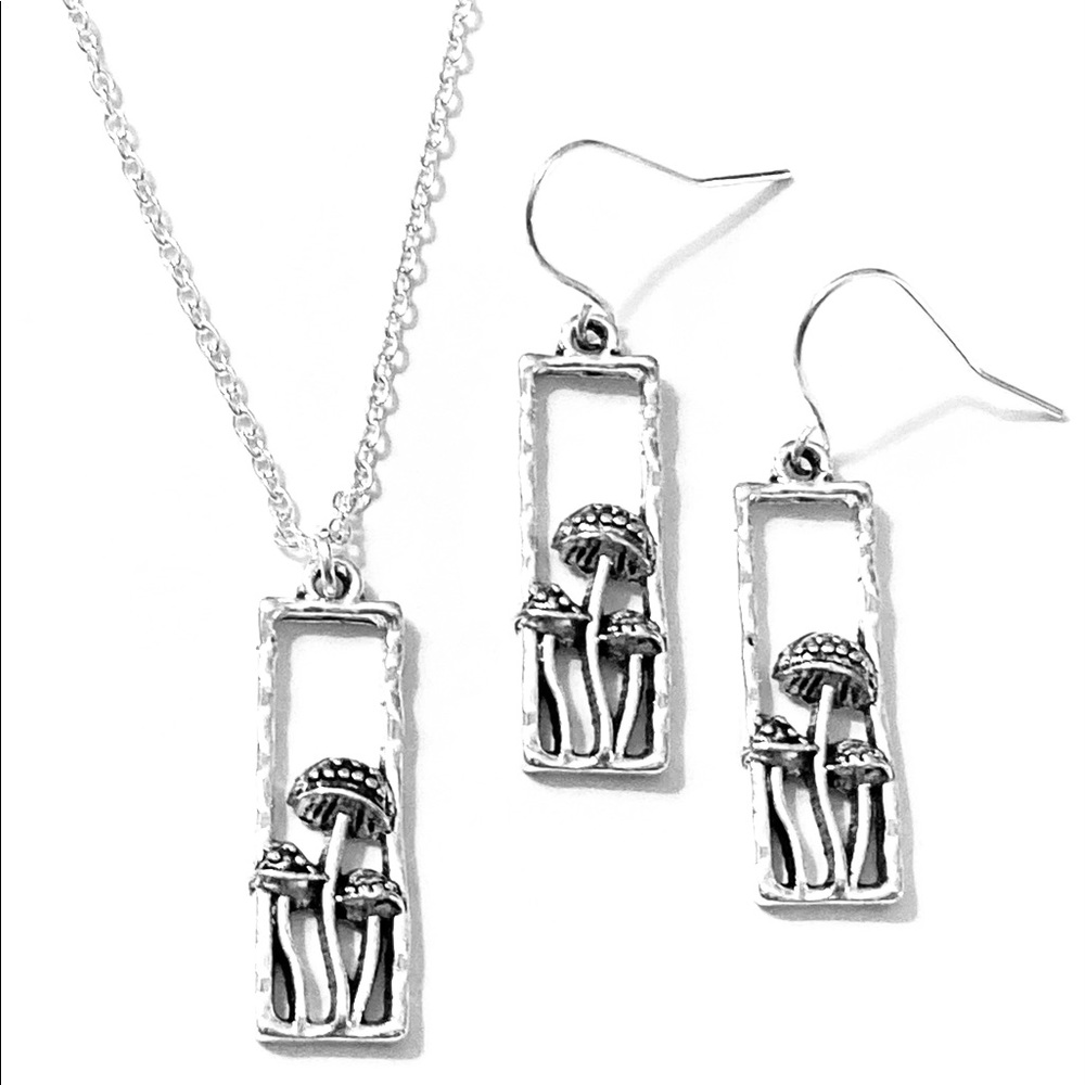 Silver Mushroom Necklace and Earrings Set Handmade
